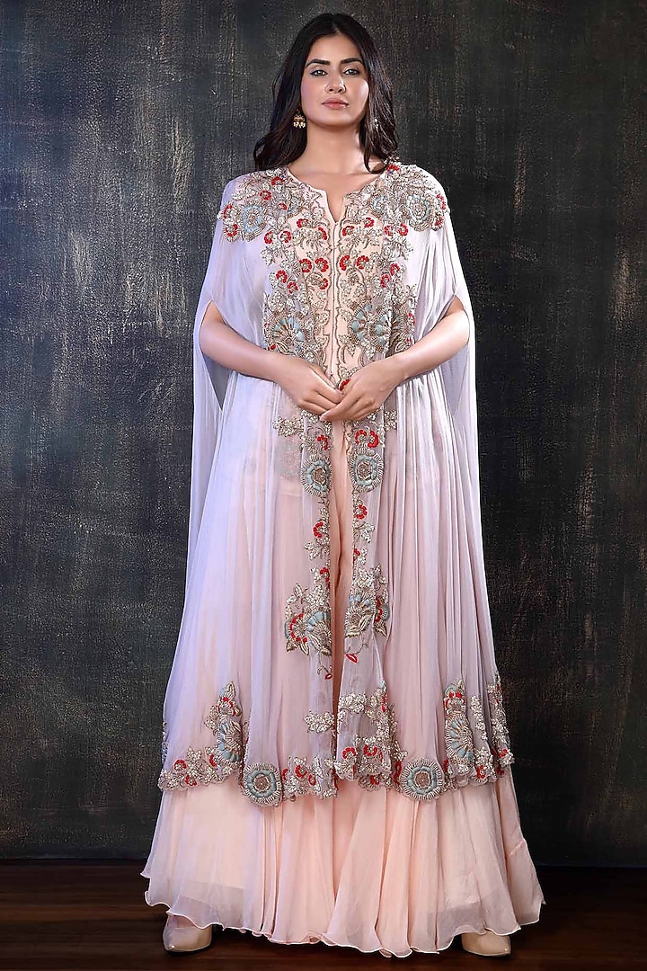 Peach Embroidered Cape Set by PREETI JHAWAR at Pernia's Pop Up Shop