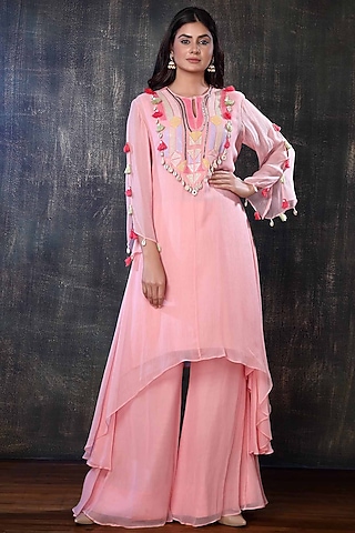 Blush Pink Chiffon Kurta Set by PREETI JHAWAR