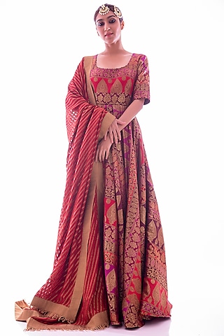 Wine & Deep Red Brocade Anarkali Set by Pooja Rajpal Jaggi