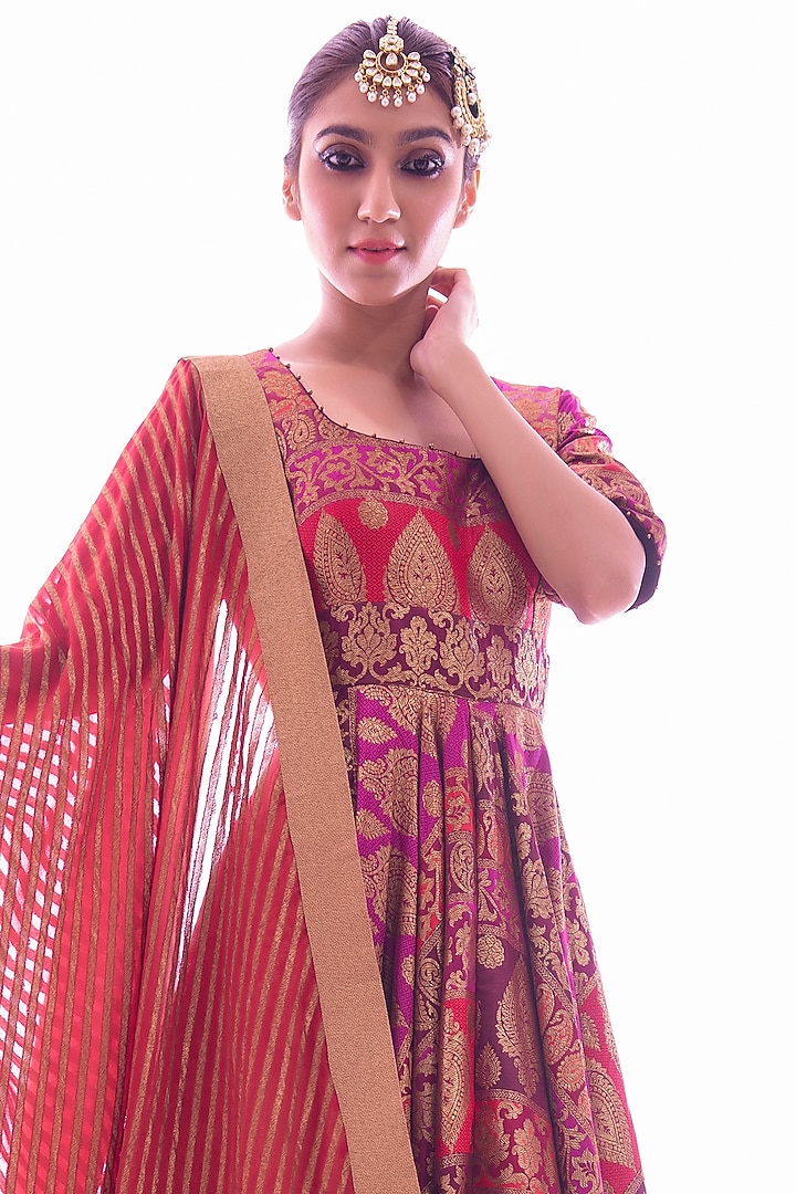 Wine & Deep Red Brocade Wedding Anarkali Set by Pooja Rajpal Jaggi at Pernia's Pop Up Shop
