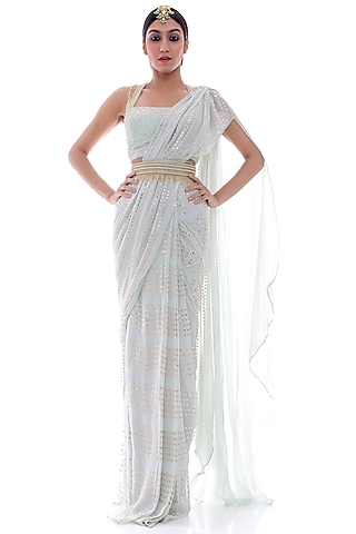 Aqua Hand Embroidered Saree Set by Pooja Rajpal Jaggi