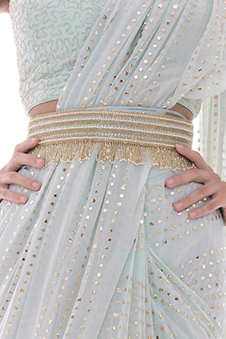 Aqua Hand Embroidered Wedding Saree Set by Pooja Rajpal Jaggi at Pernia's Pop Up Shop