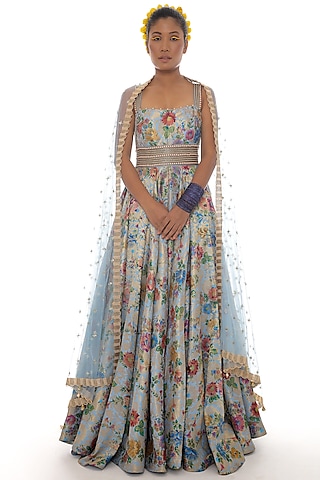 Blue Embroidered Anarkali Set by Pooja Rajpal Jaggi