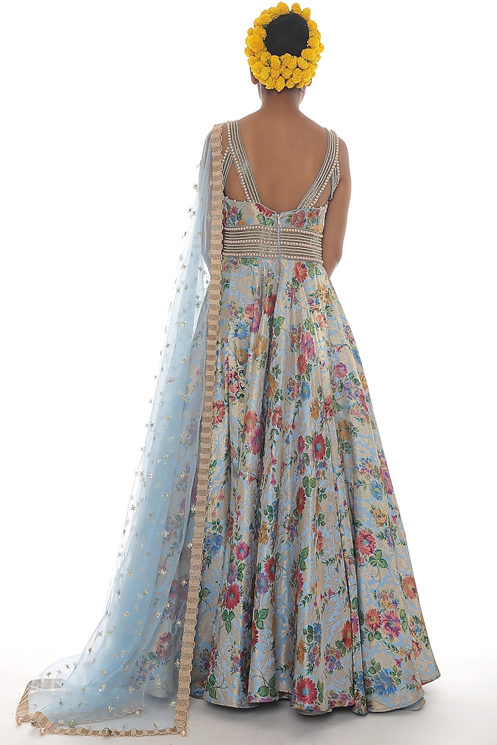 Blue Embroidered Wedding Anarkali Set by Pooja Rajpal Jaggi at Pernia's Pop Up Shop