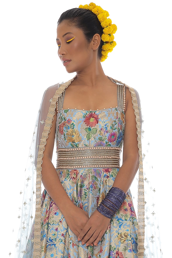 Blue Embroidered Wedding Anarkali Set by Pooja Rajpal Jaggi at Pernia's Pop Up Shop