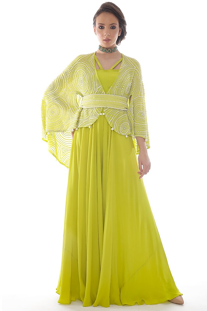 Lime Green Crepe Jumpsuit With Cape by Pooja Rajpal Jaggi