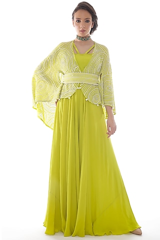 Lime Green Crepe Jumpsuit With Cape by Pooja Rajpal Jaggi