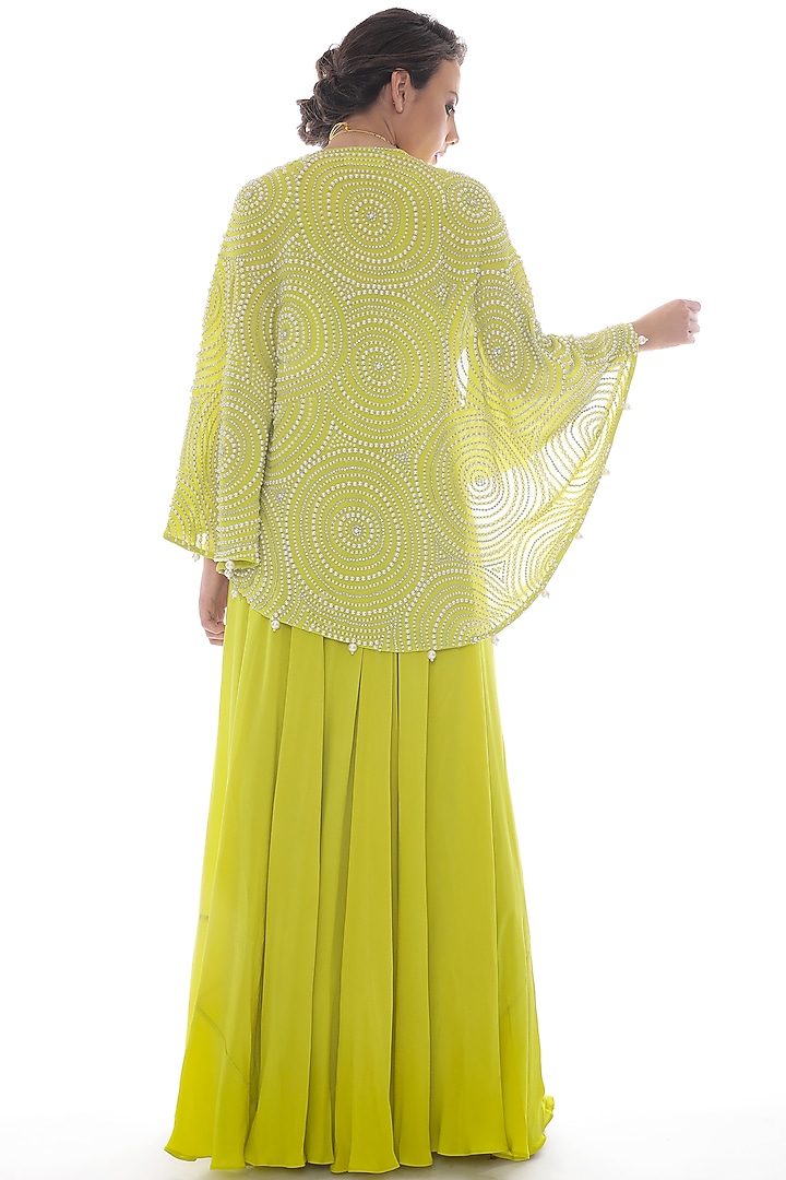 Lime Green Crepe Jumpsuit With Cape by Pooja Rajpal Jaggi at Pernia's Pop Up Shop