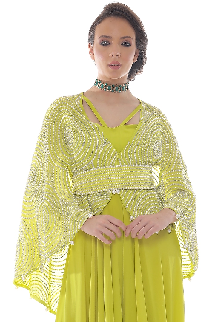 Lime Green Crepe Jumpsuit With Cape by Pooja Rajpal Jaggi at Pernia's Pop Up Shop