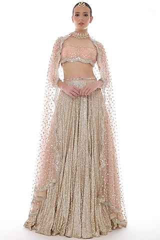 Peach Georgette Embroidered Lehenga Set by Pooja Rajpal Jaggi