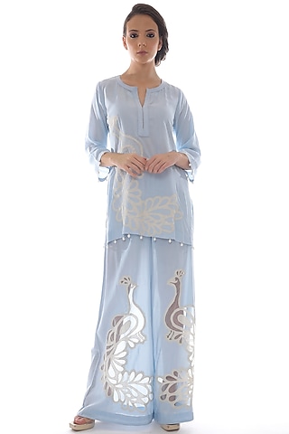 Blue Modal Embroidered Co-Ord Set by Pooja Rajpal Jaggi