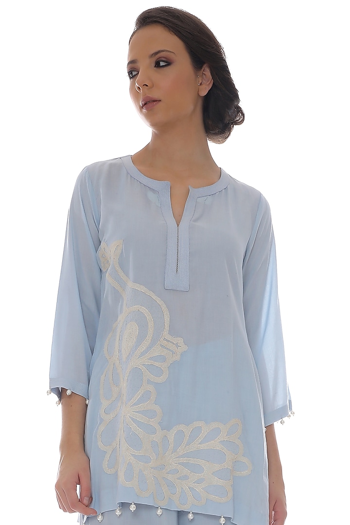 Blue Modal Embroidered Co-Ord Set by Pooja Rajpal Jaggi at Pernia's Pop Up Shop