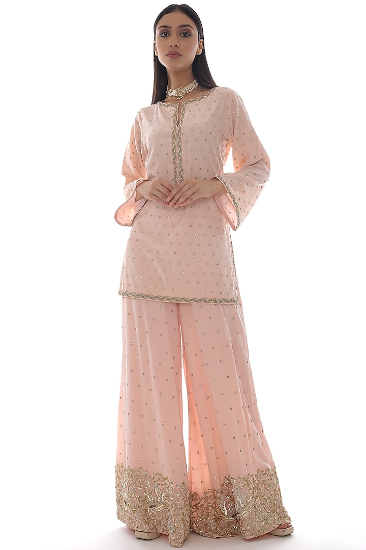 Soft Pink Silk Embroidered Co-Ord Set by Pooja Rajpal Jaggi
