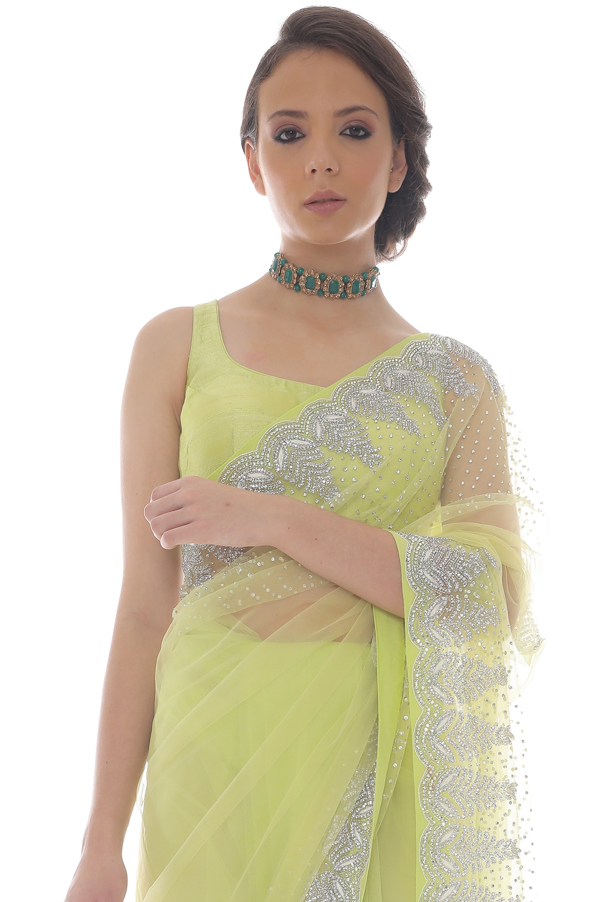 Couth Zari Botanical Printed Heavy Banarasi Lime Green Saree – Organza Mall