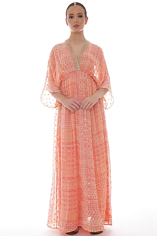 Peach Embroidered Kaftan With Inner by Pooja Rajpal Jaggi