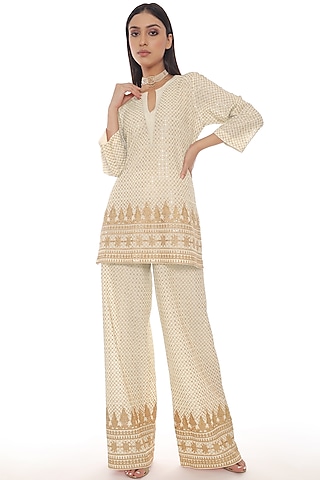 Cream Georgette Embroidered Co-Ord Set by Pooja Rajpal Jaggi