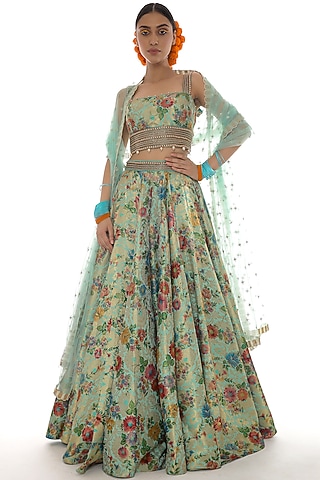 Aquamarine Brocade Embroidered Lehenga Set by Pooja Rajpal Jaggi