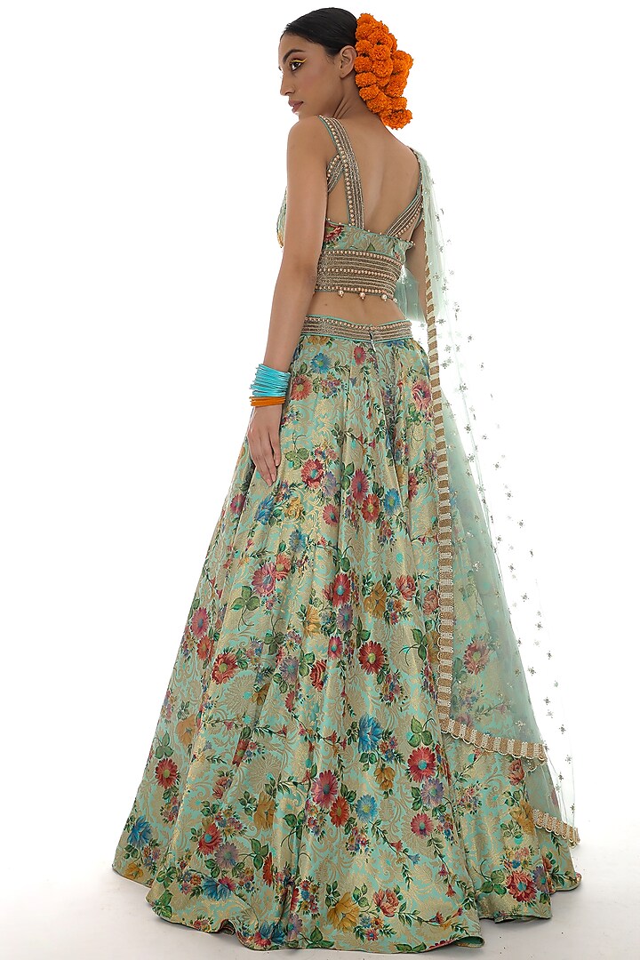 Aquamarine Brocade Embroidered Wedding Lehenga Set by Pooja Rajpal Jaggi at Pernia's Pop Up Shop