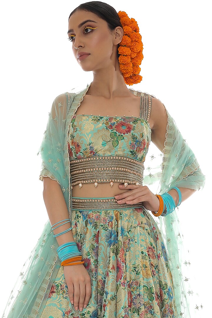 Aquamarine Brocade Embroidered Wedding Lehenga Set by Pooja Rajpal Jaggi at Pernia's Pop Up Shop