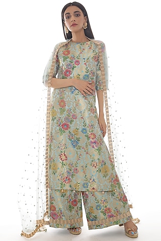 Aquamarine Banarasi Embroidered Kurta Set by Pooja Rajpal Jaggi