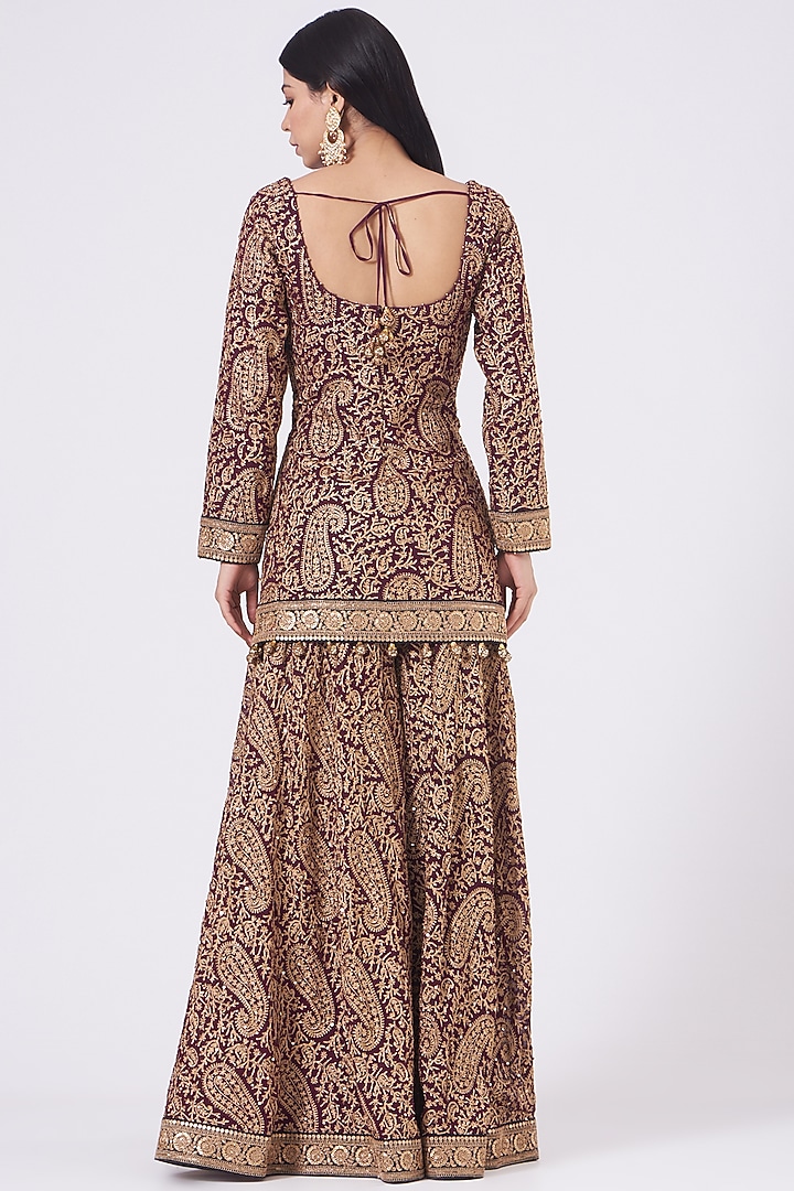 Wine Kashmiri Work Wedding Sharara Set by Pooja Rajpal Jaggi at Pernia's Pop Up Shop