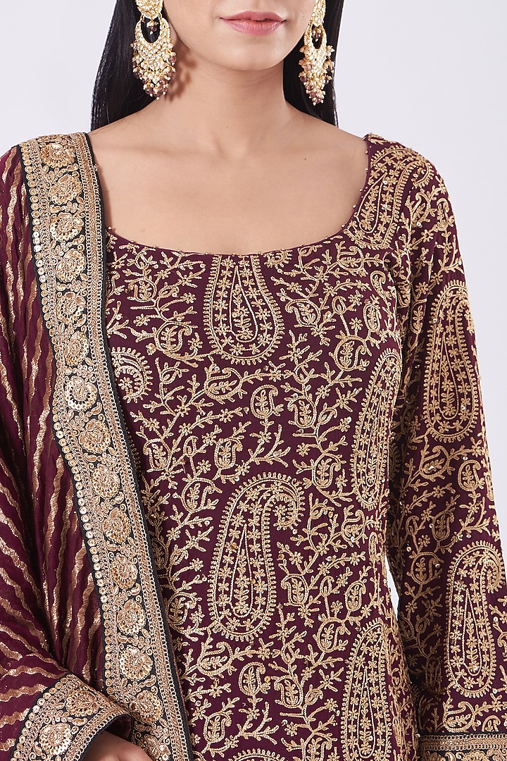 Wine Kashmiri Work Wedding Sharara Set by Pooja Rajpal Jaggi at Pernia's Pop Up Shop