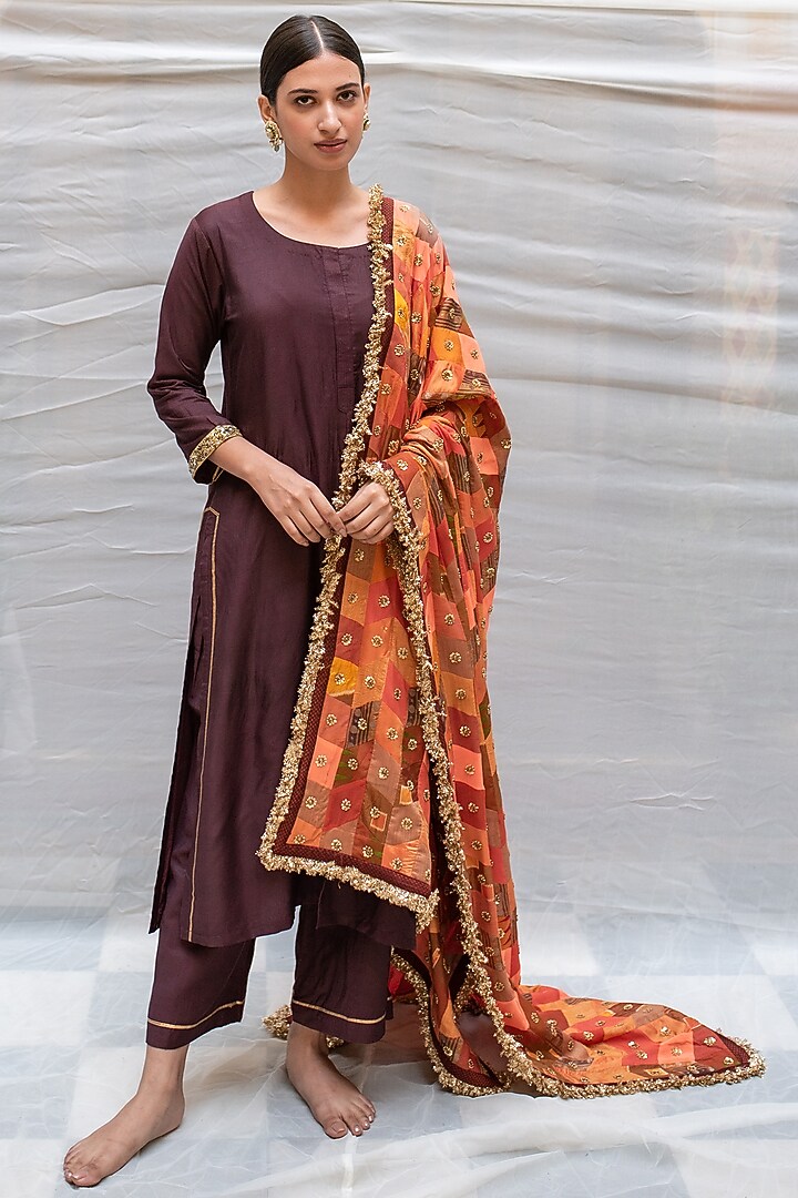 Orange Silk & Satin Embroidered Upcycled Dupatta by Priyanka Raajiv at Pernia's Pop Up Shop