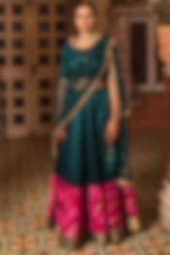 Teal Chanderi Silk Patchwork Wedding Lehenga Set by Priyanka Raajiv at Pernia's Pop Up Shop