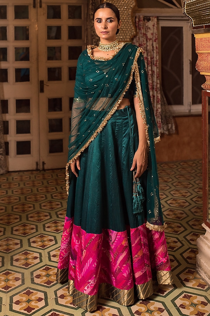 Teal Chanderi Silk Patchwork Wedding Lehenga Set by Priyanka Raajiv at Pernia's Pop Up Shop