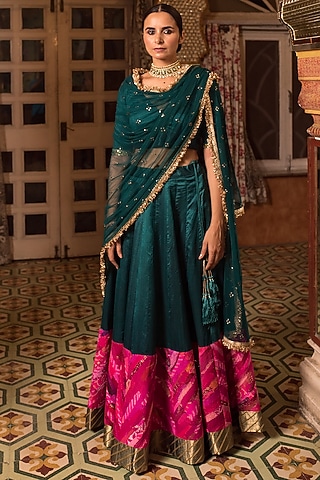 Teal Chanderi Silk Patchwork Lehenga Set by Priyanka Raajiv