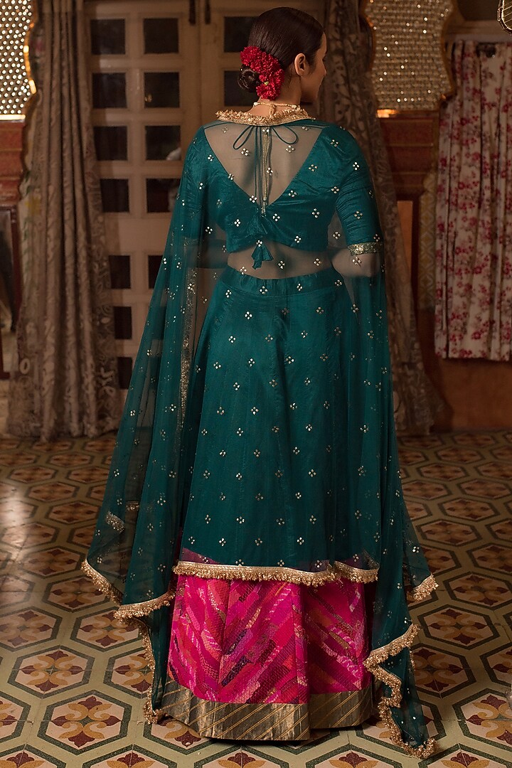Teal Chanderi Silk Patchwork Wedding Lehenga Set by Priyanka Raajiv at Pernia's Pop Up Shop