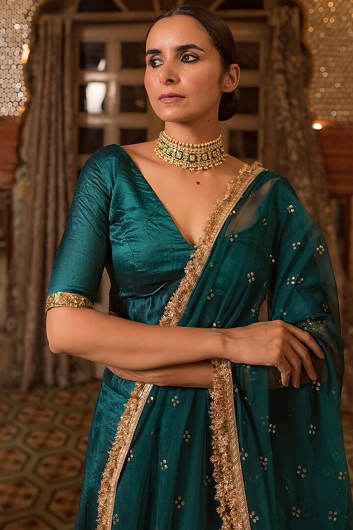 Teal Chanderi Silk Patchwork Wedding Lehenga Set by Priyanka Raajiv at Pernia's Pop Up Shop