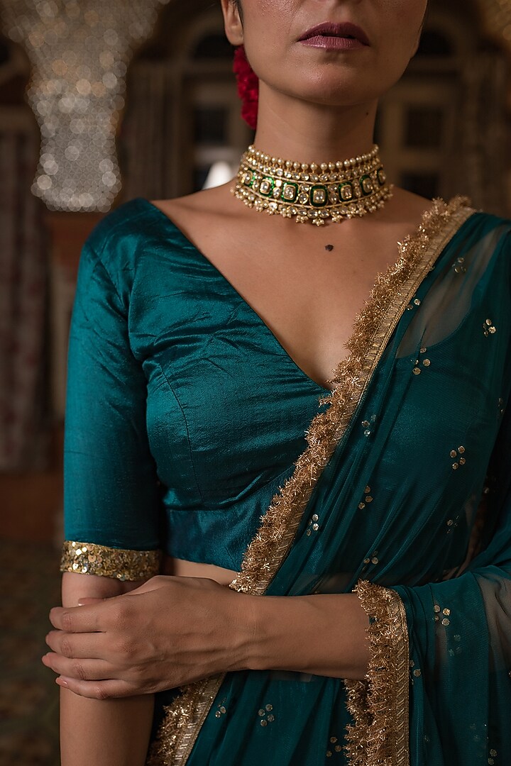 Teal Chanderi Silk Patchwork Wedding Lehenga Set by Priyanka Raajiv at Pernia's Pop Up Shop