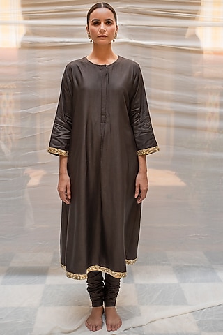Black Silk Embroidered Kalidar Kurta Set by Priyanka Raajiv