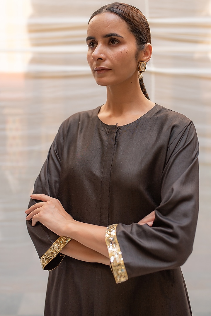 Black Silk Embroidered Kalidar Kurta Set by Priyanka Raajiv at Pernia's Pop Up Shop