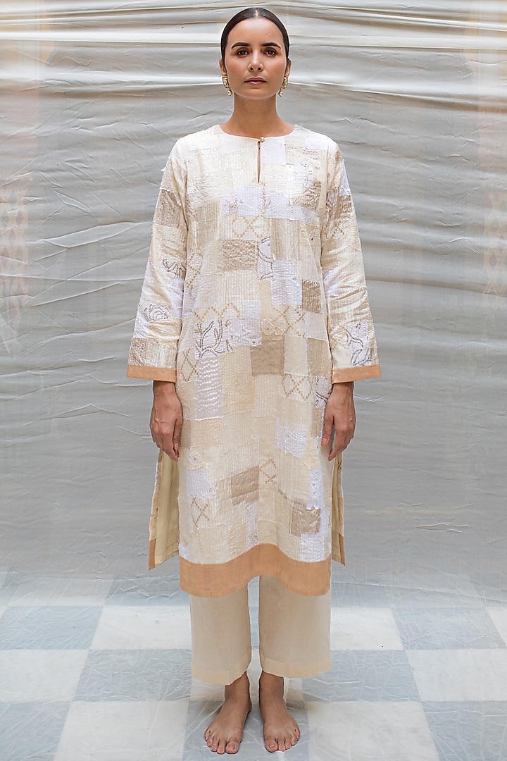 Ivory Silk & Cotton Embellished Patchwork Kurta Set by Priyanka Raajiv