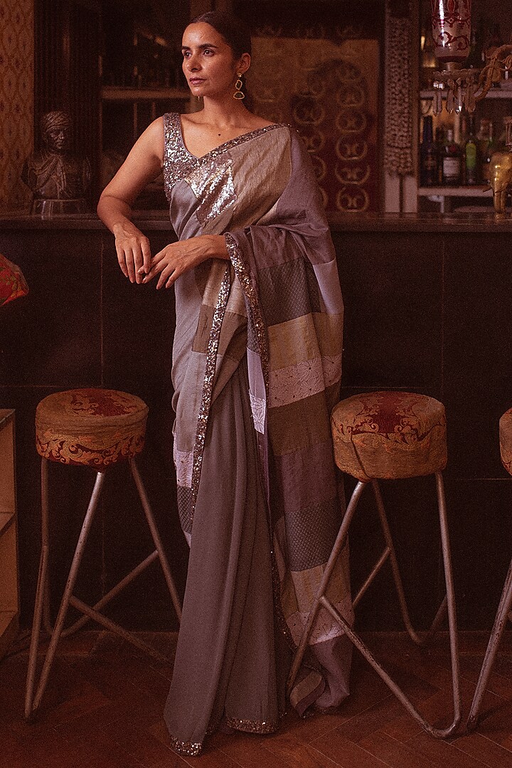 Grey Silk & Chikankari Hand Embroidered Upcycled Saree Set by Priyanka Raajiv