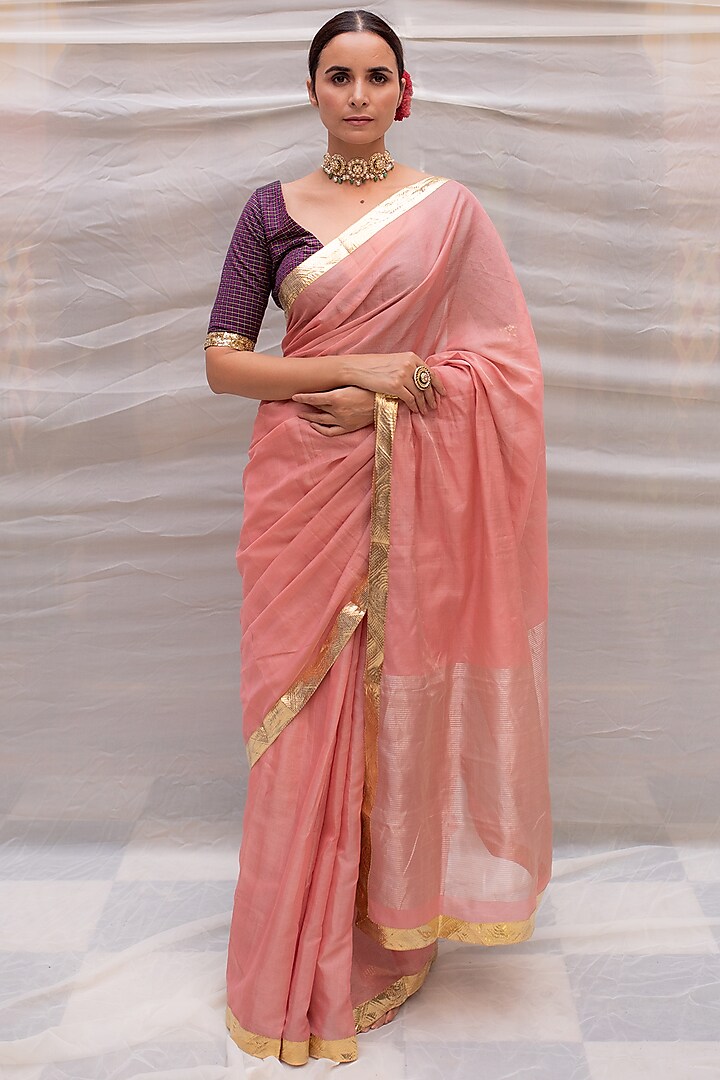 Pink Silk Chanderi Tissue Gota Work Saree by Priyanka Raajiv
