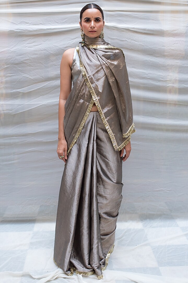 Vintage Silver Silk Chanderi Tissue Kiran Work Saree  by Priyanka Raajiv