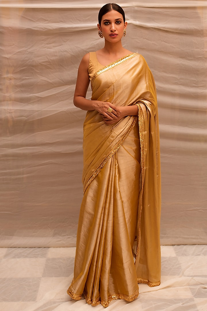 Beige Gold Silk Chanderi Tissue Saree With Kiran Work by Priyanka Raajiv