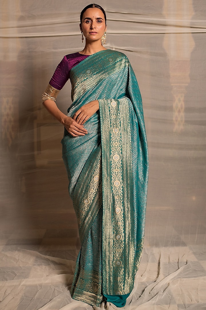 Teal Silk Georgette Brocade Saree by Priyanka Raajiv