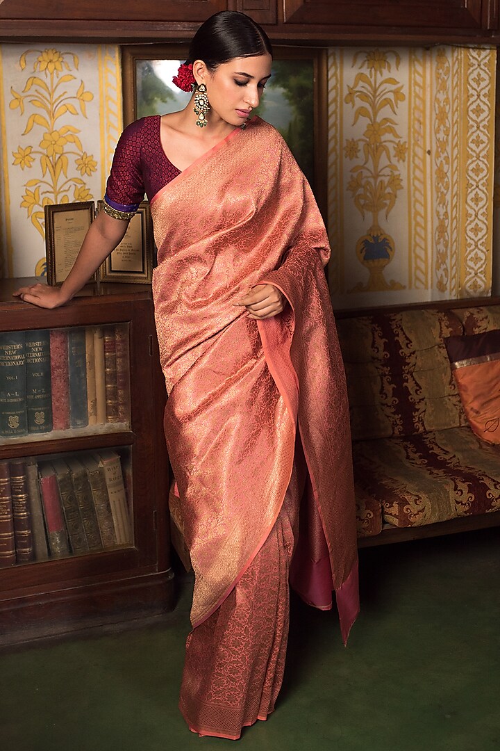 Pink Silk Brocade Banarasi Meenakari Work Saree by Priyanka Raajiv