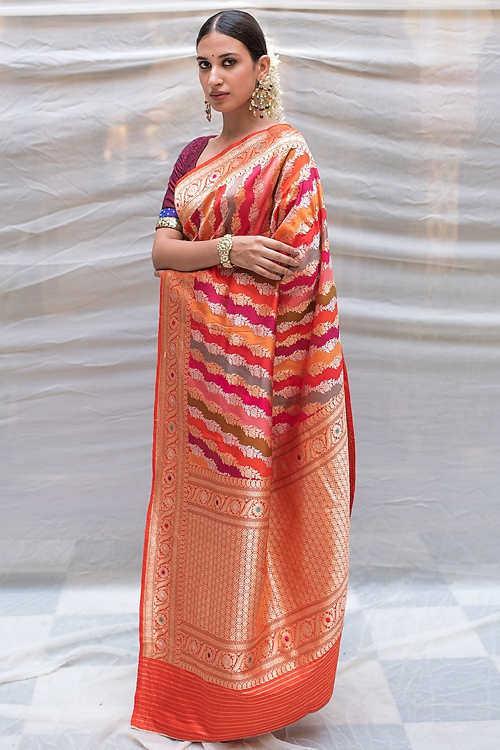Red Silk Brocade Rangkaat Saree by Priyanka Raajiv