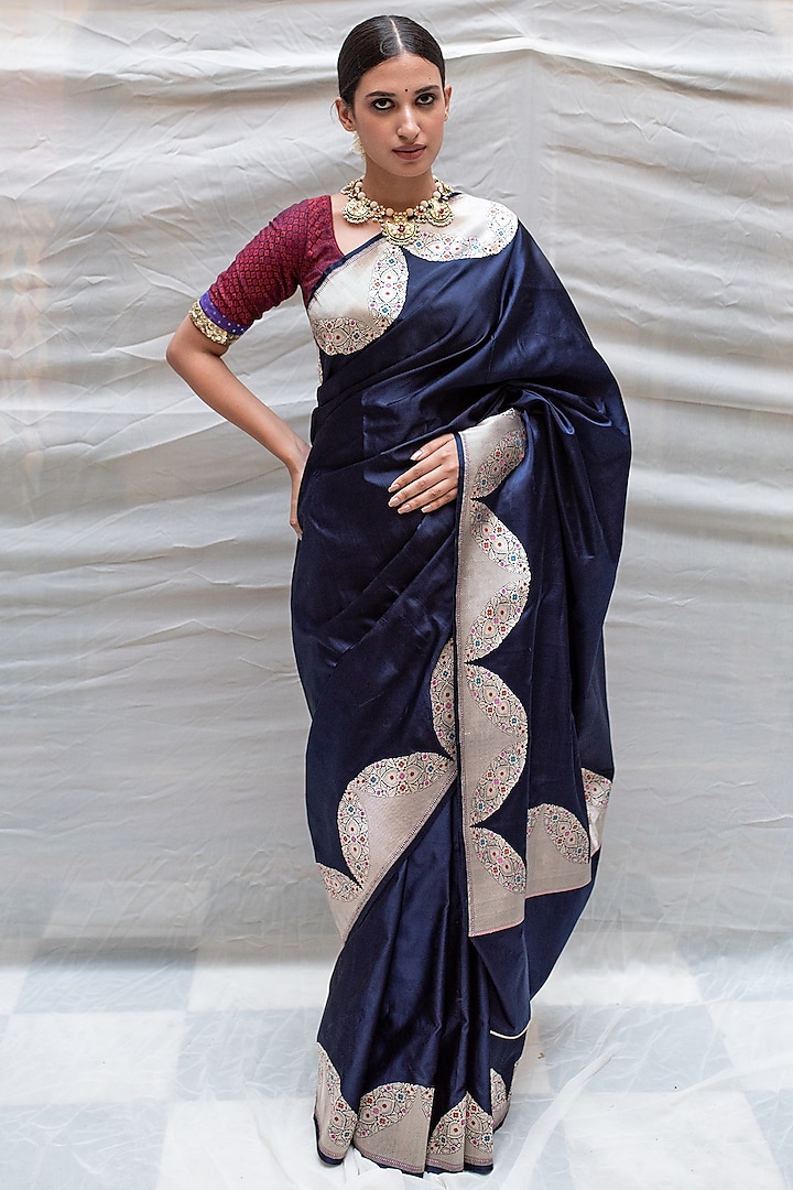 Navy Blue Mashroo Silk Brocade Scalloped Meenakari Saree by Priyanka Raajiv