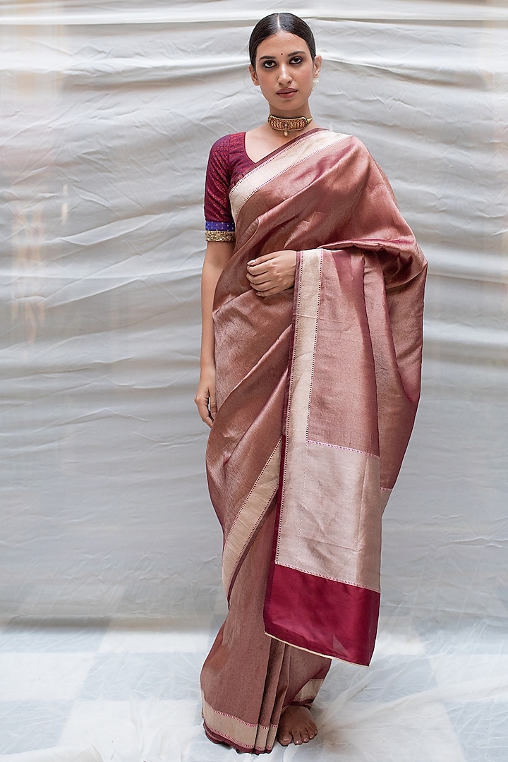 Burgundy Silk Tissue Banarasi Brocade Saree by Priyanka Raajiv