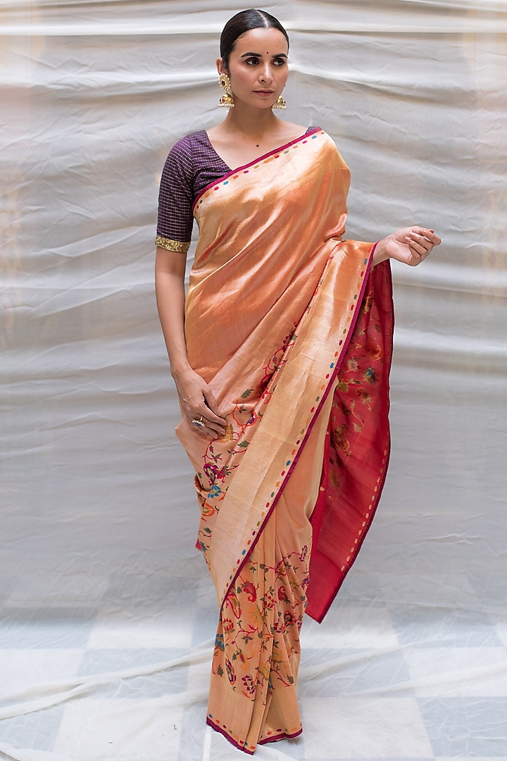 Red Silk Tissue Banarasi Brocade Woven Saree by Priyanka Raajiv