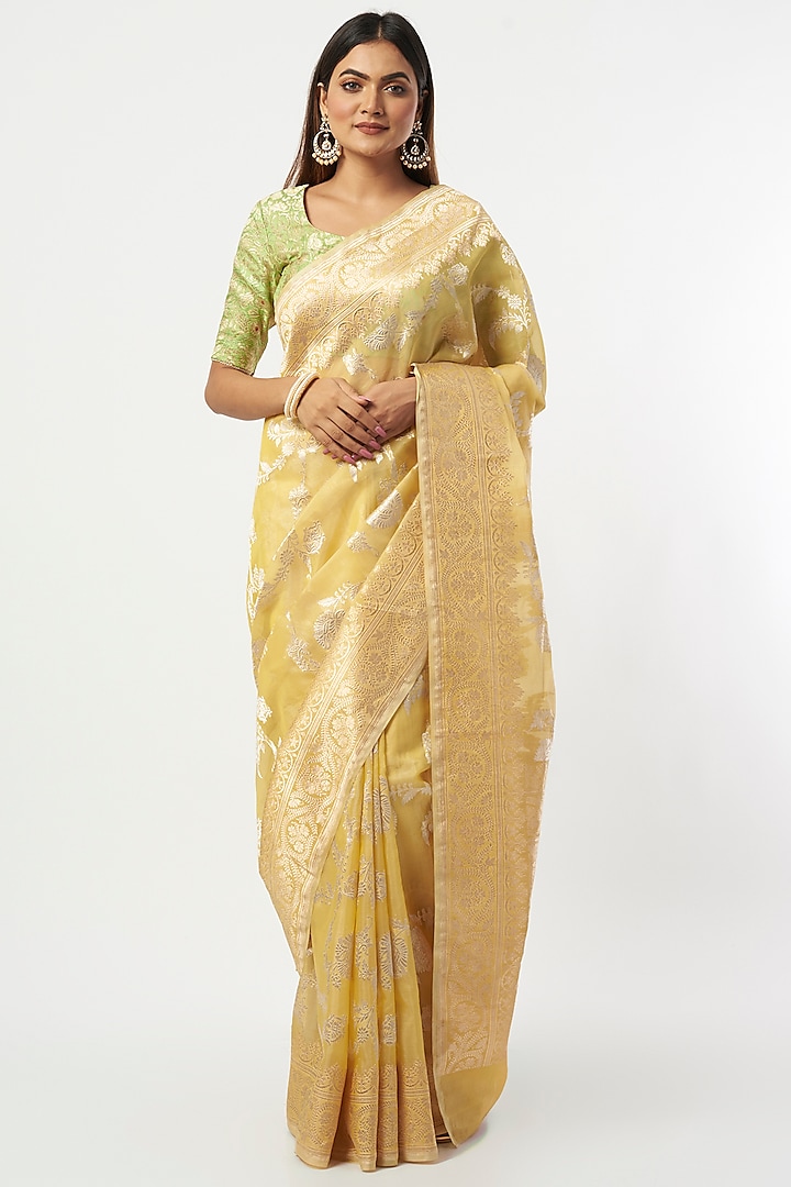 Yellow Silk Organza Banarasi Kadua Zari Work Saree Set
 by Priyanka Raajiv