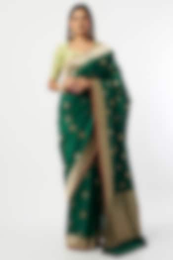 Green Silk Banarasi Saree Set by Priyanka Raajiv