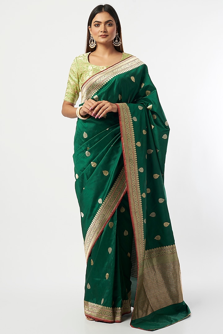 Green Silk Brocade Banarasi Saree Set by Priyanka Raajiv