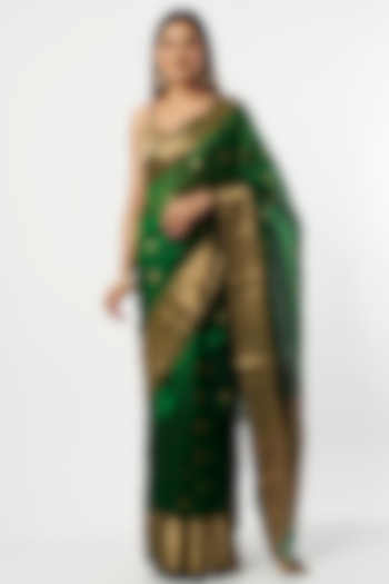 Deep Green Silk Chanderi Saree Set by Priyanka Raajiv